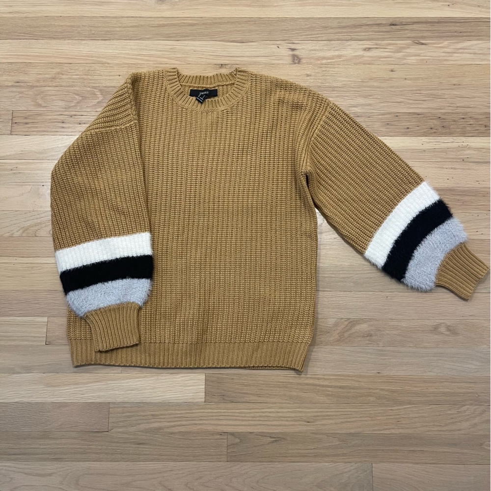 Tan Striped Sleeve Knitted Sweater